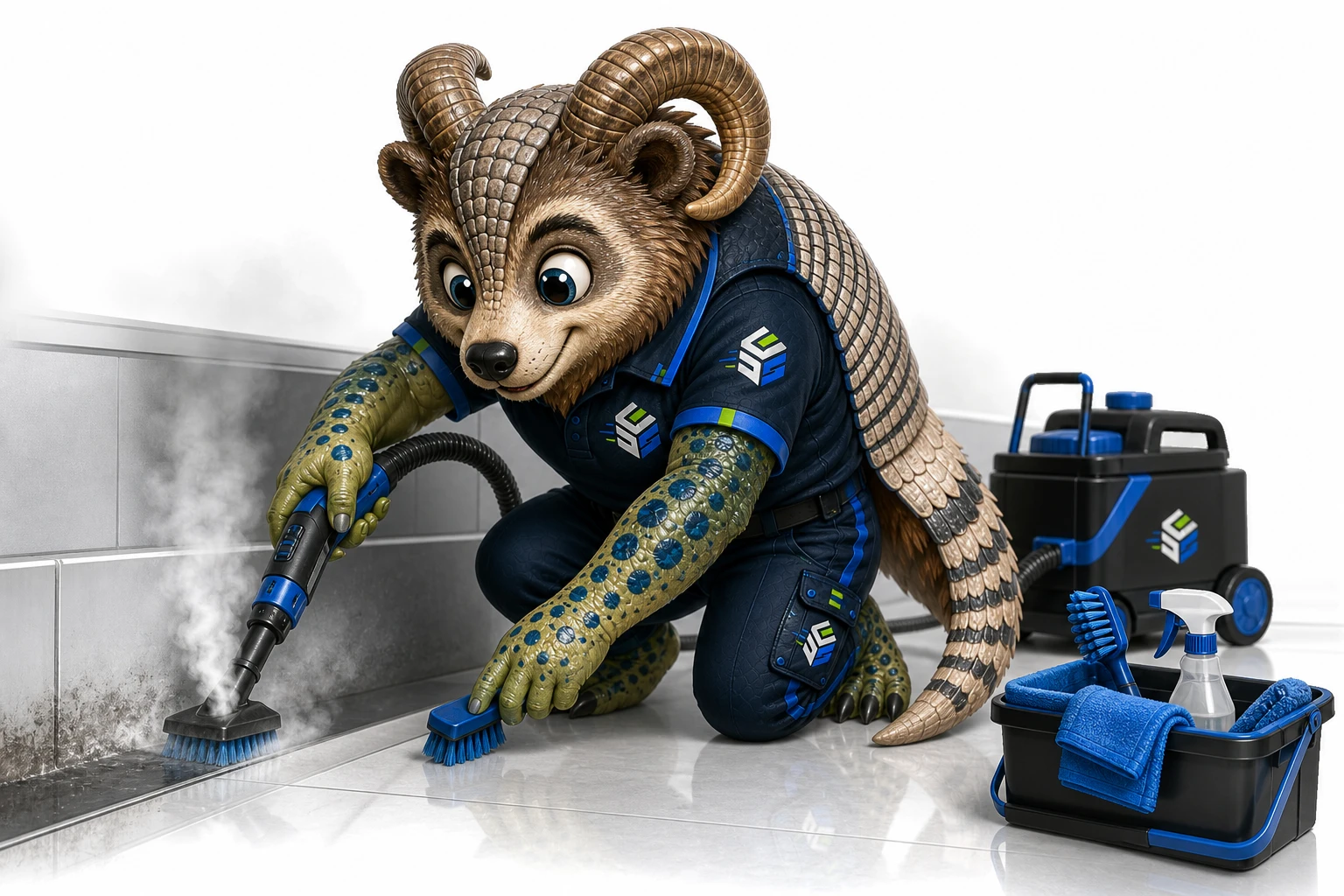 Ein Schmidttierchen bearbeitet hartnäckige Rückstände an einer Bodenkante