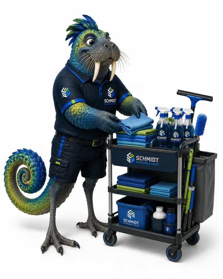 Schmidt Maskottchen mit Reinigungswagen und Reinigungsmitteln